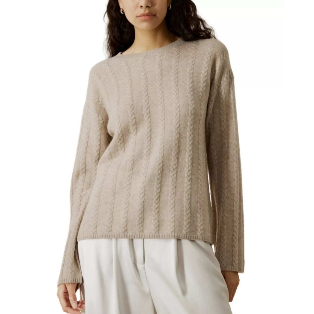 Lilysilk 100% Cashmere Semi Sheer Cable Knit Sweater Tan Beige Crew Neck Relaxed